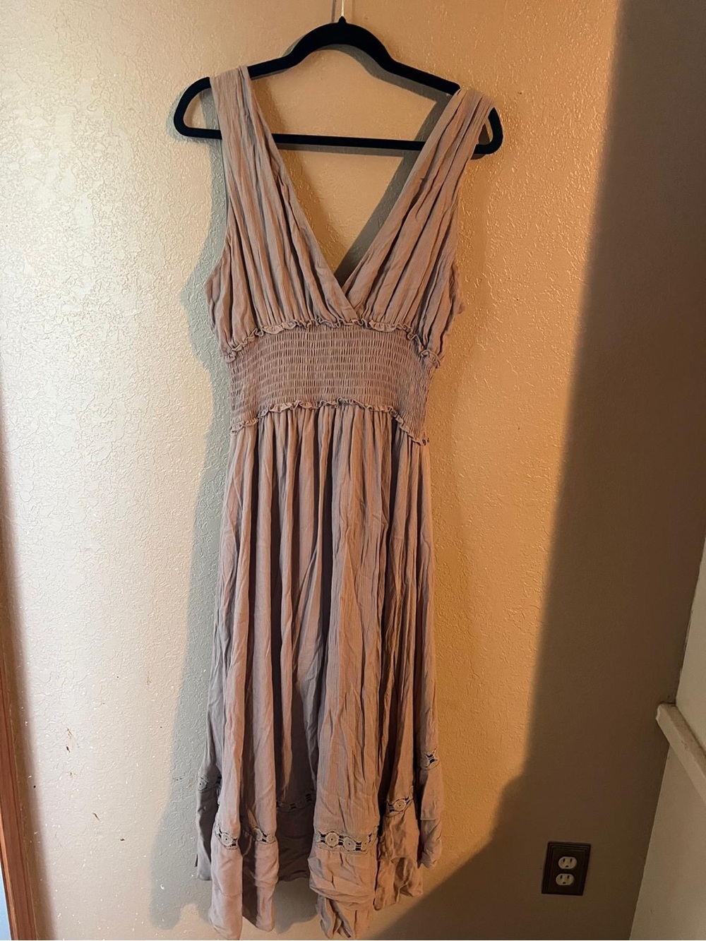 Free People Taupe V-Neck Smocked Midi Dress